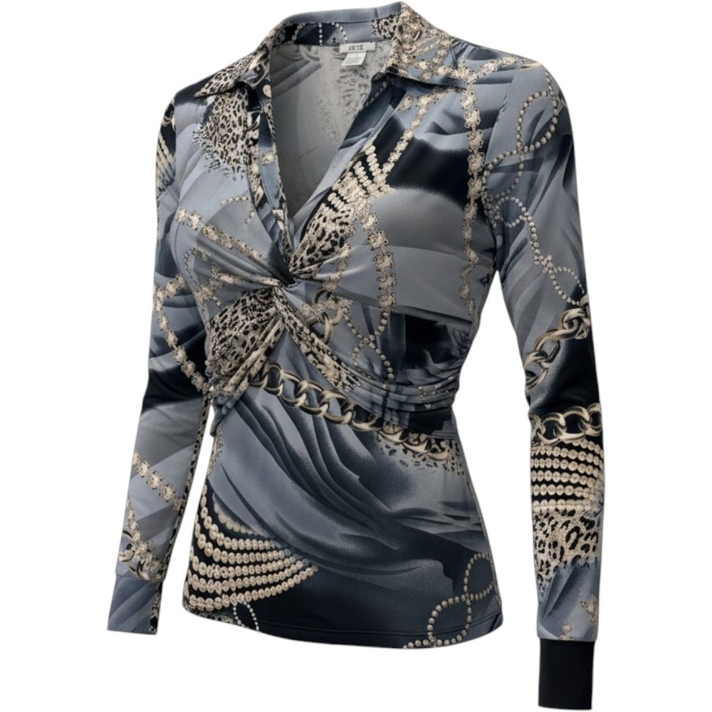 Cache Twist Front Top Size Medium Blue Leopard Chain Print Long Sleeve